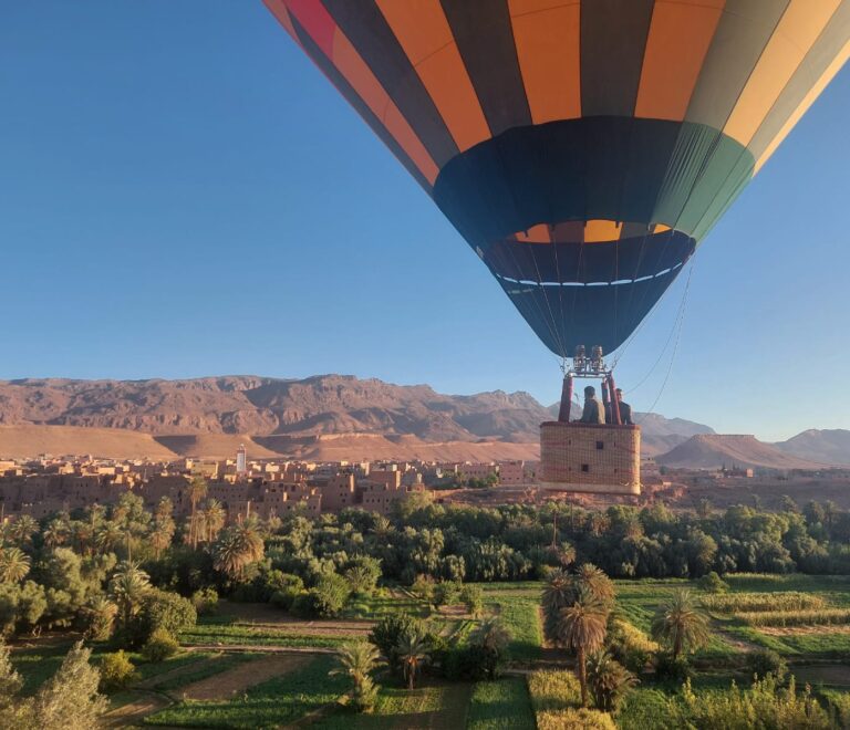 Enjoy a scenic hot air balloon ride over Tinghir Oasis. Witness breathtaking views of palm groves, valleys, and the High Atlas mountains from above.